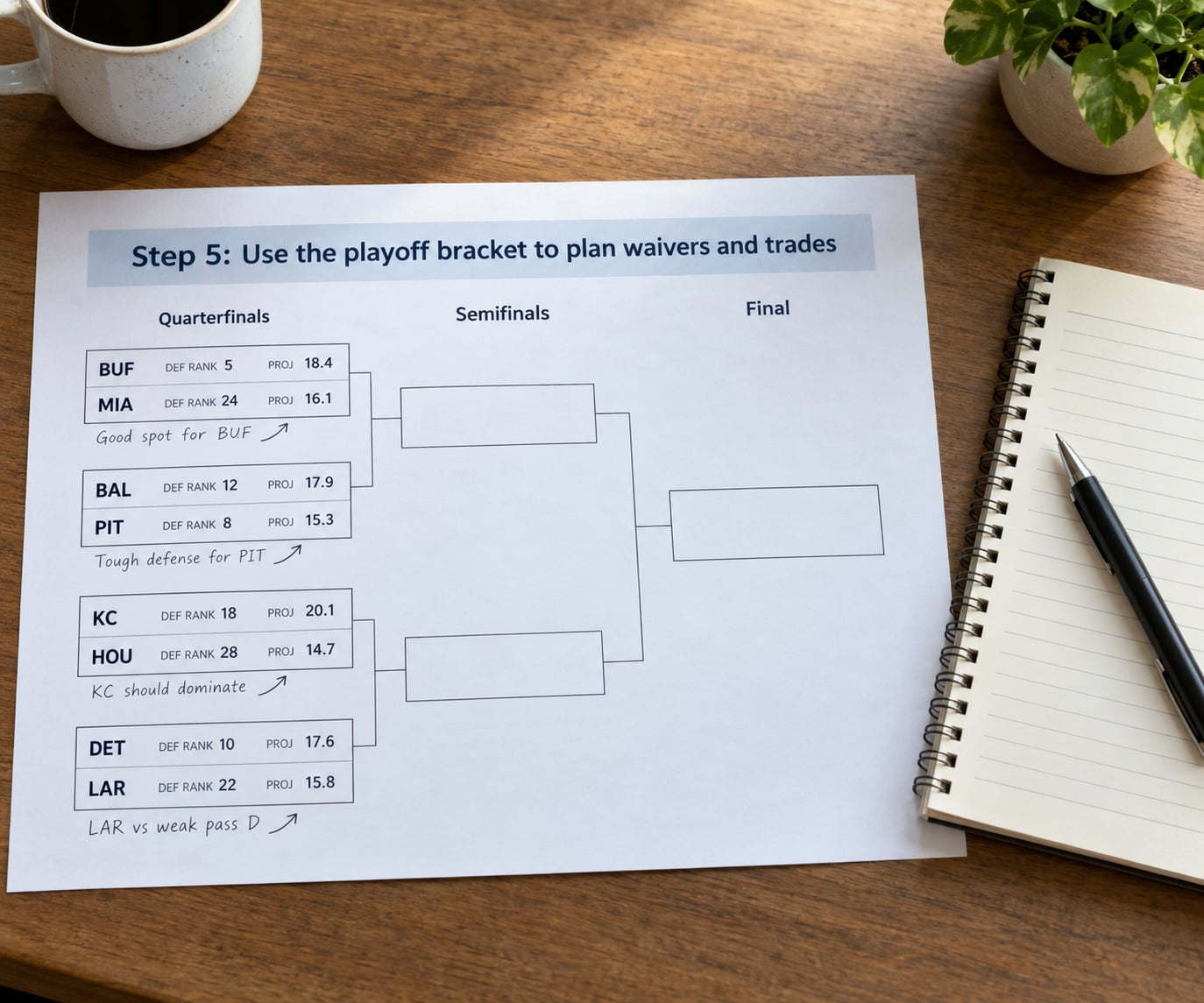 Step 5: Use the playoff bracket to plan waivers and trades